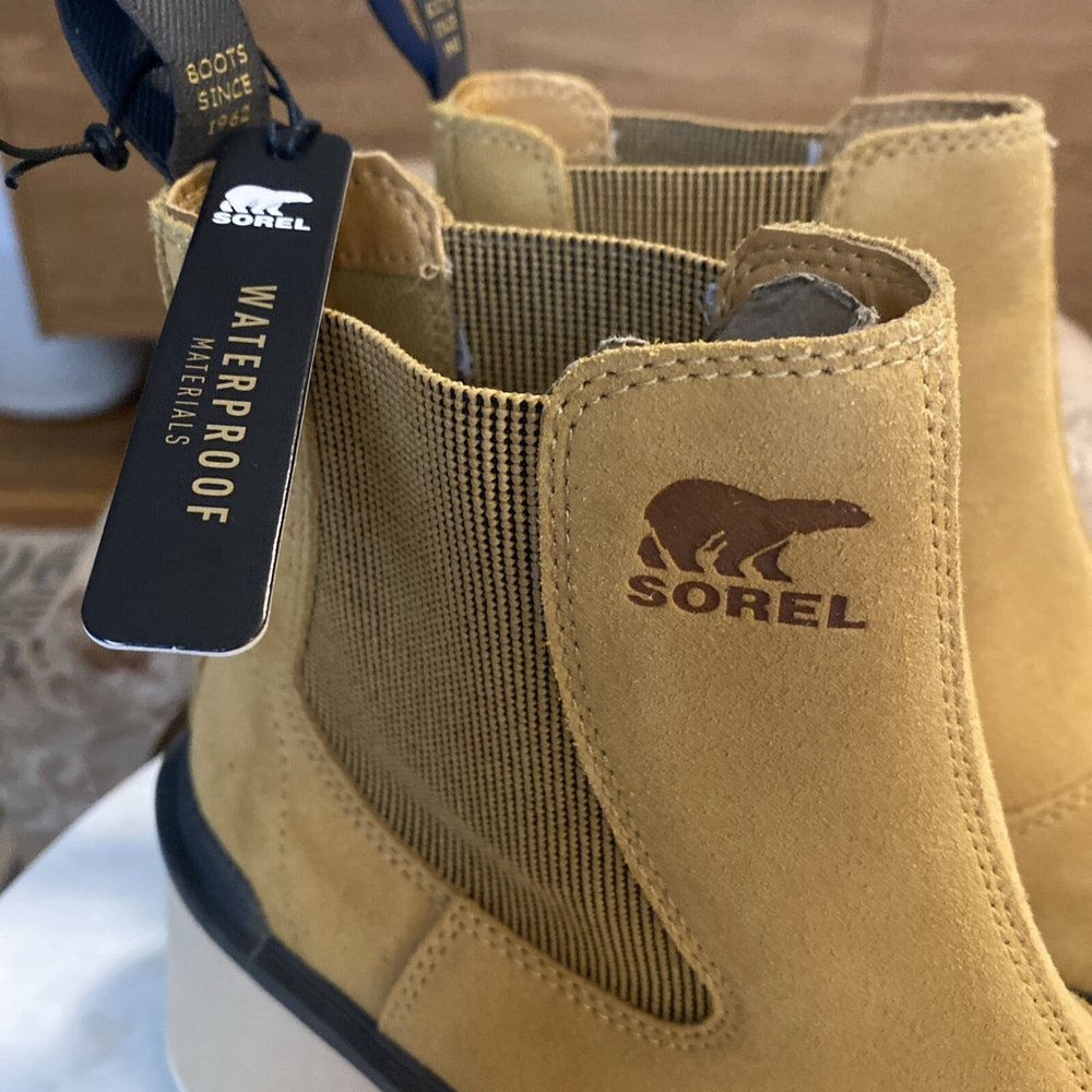 Sorel Addington Chelsea Boots Tan Suede Size 8.5 Chunky Heel Waterproof NEW - Picture 2 of 9